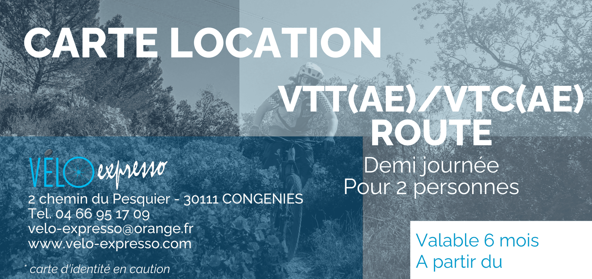 Bon cadeau Vélo Expresso — carte location VTT VTC route demi-journée 2 personnes Congénies